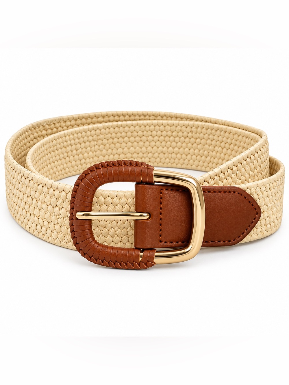 LOFT Natural Woven Stretch Belt Brown Leather Gold Buckle Size L NWT